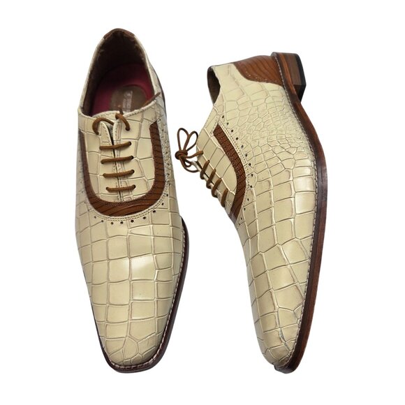 Stacy Adams Mens Riccardi 25575 Beige and Camel Oxfords Croc Embossed Design 13W - Picture 1 of 13